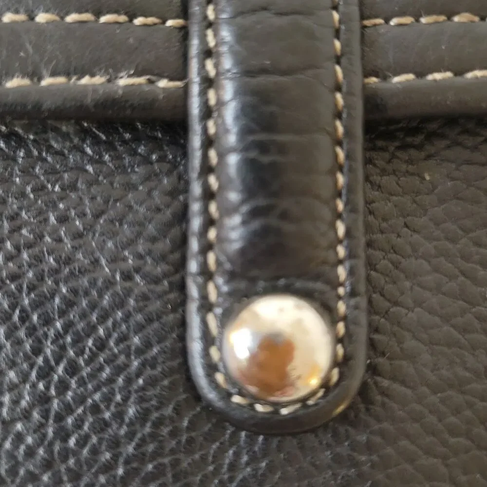 Vintage Black Leather Wallet with Snap Closure & Striped Lining